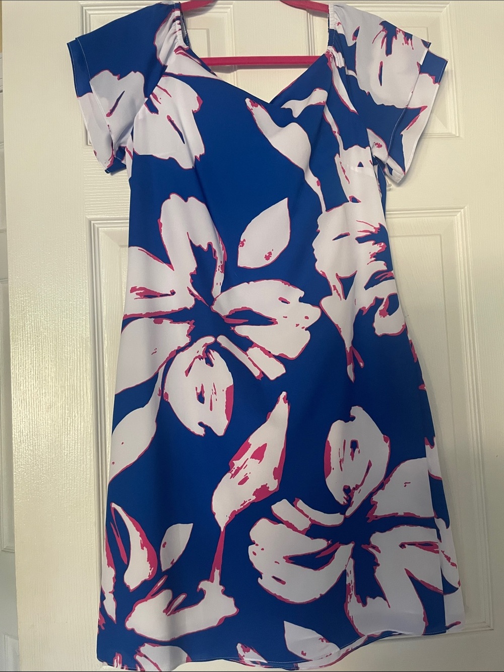 Silk Blue Floral Casual Dress with Pink Accents - S